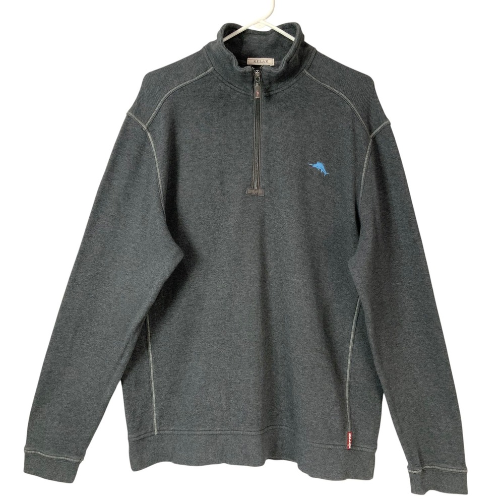 Tommy Bahama Relax Gray Pullover L Quarter-Zip Mock Neck Long Sleeve Marlin Logo
